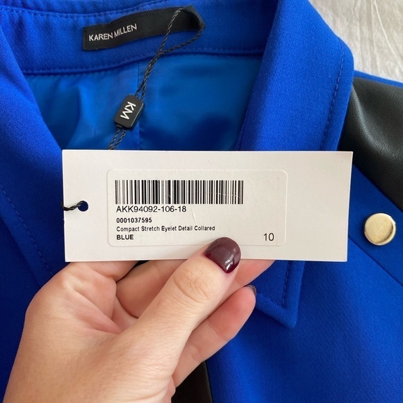 Karen Millen- NWT Blue Stretch Mini Dress w Silver Ring Cutout and Leather Trim - Picture 7 of 13